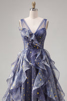Load image into Gallery viewer, Sparkly V-Neck Dusty Blue Ruched Long A Line Prom Dress with Ruffles