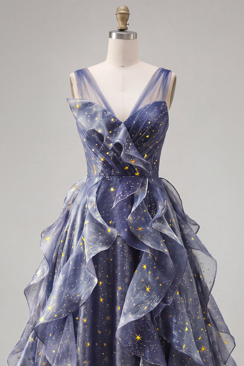 Load image into Gallery viewer, Sparkly V-Neck Dusty Blue Ruched Long A Line Prom Dress with Ruffles