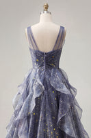 Load image into Gallery viewer, Sparkly V-Neck Dusty Blue Ruched Long A Line Prom Dress with Ruffles