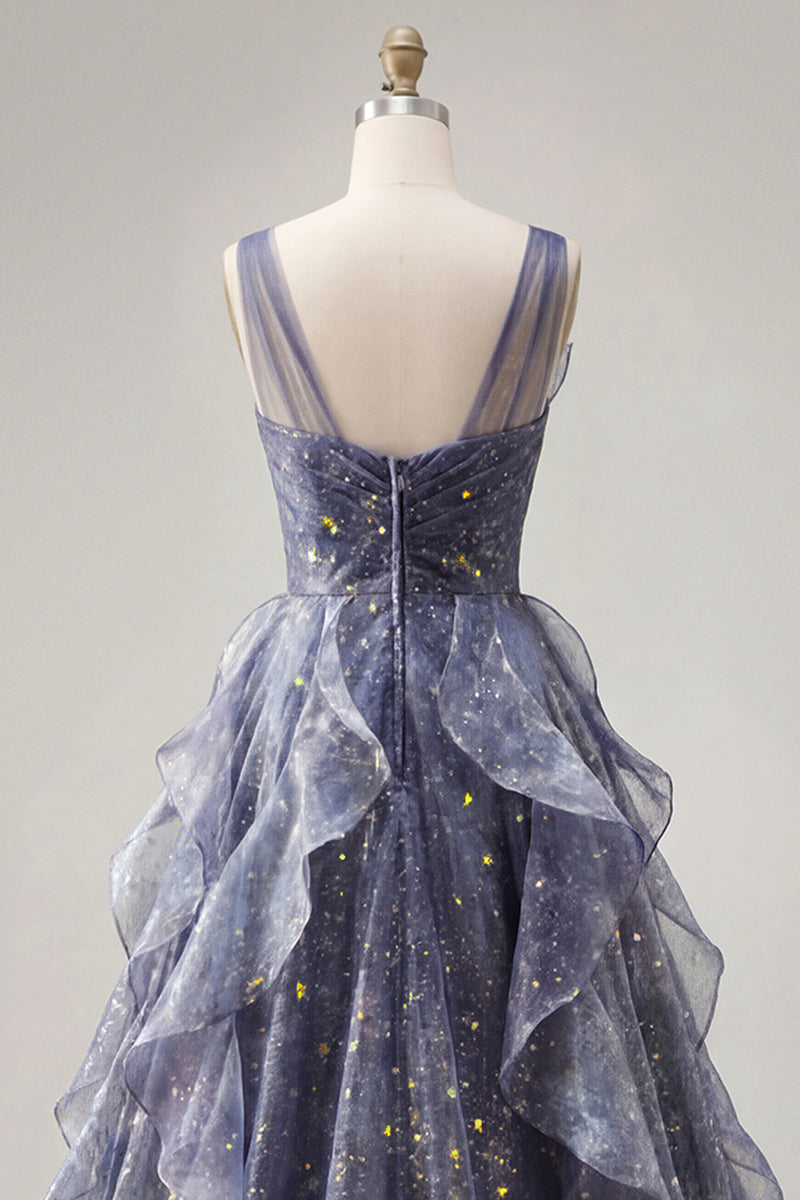 Load image into Gallery viewer, Sparkly V-Neck Dusty Blue Ruched Long A Line Prom Dress with Ruffles