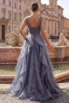 Sparkly V-Neck Dusty Blue Ruched Long A Line Prom Dress with Ruffles