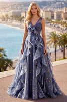 Load image into Gallery viewer, Sparkly V-Neck Dusty Blue Ruched Long A Line Prom Dress with Ruffles