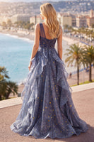 Load image into Gallery viewer, Sparkly V-Neck Dusty Blue Ruched Long A Line Prom Dress with Ruffles