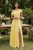Load image into Gallery viewer, Butter Yellow A Line Off the Shoulder Maxi Beach Formal Dress with Slit
