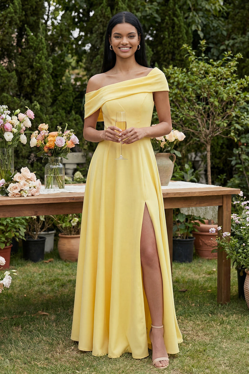Load image into Gallery viewer, Butter Yellow A Line Off the Shoulder Maxi Beach Formal Dress with Slit