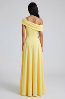 Load image into Gallery viewer, Butter Yellow A Line Off the Shoulder Maxi Beach Formal Dress with Slit