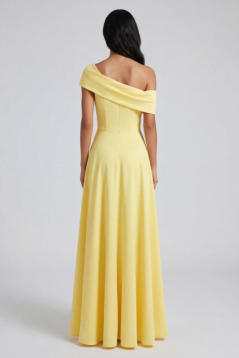 Load image into Gallery viewer, Butter Yellow A Line Off the Shoulder Maxi Beach Formal Dress with Slit