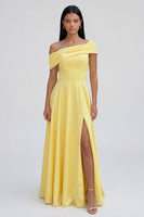 Load image into Gallery viewer, Butter Yellow A Line Off the Shoulder Maxi Beach Formal Dress with Slit
