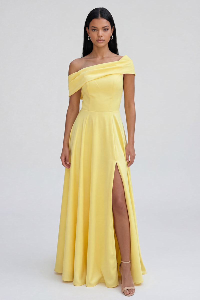 Load image into Gallery viewer, Butter Yellow A Line Off the Shoulder Maxi Beach Formal Dress with Slit