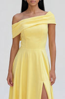 Load image into Gallery viewer, Butter Yellow A Line Off the Shoulder Maxi Beach Formal Dress with Slit