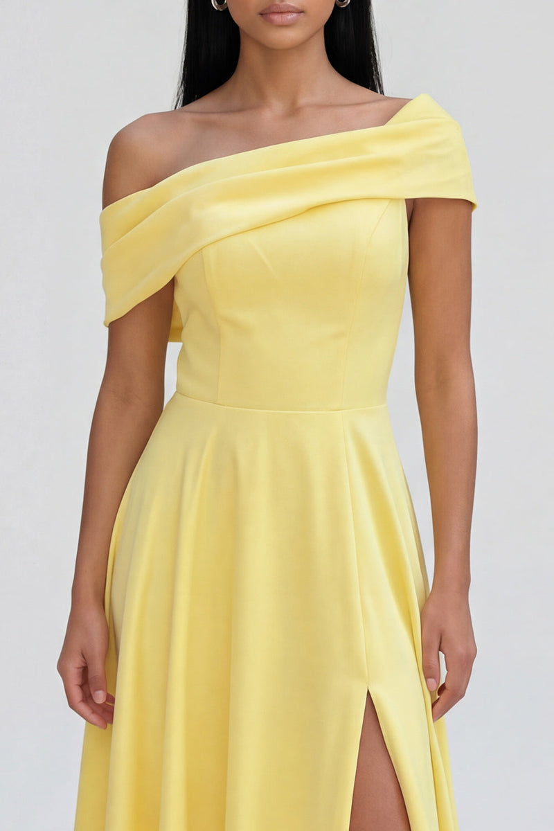 Load image into Gallery viewer, Butter Yellow A Line Off the Shoulder Maxi Beach Formal Dress with Slit