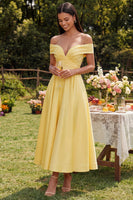 Load image into Gallery viewer, Off the Shoulder Butter Yellow A Line Ruched Maxi Beach Formal Dress