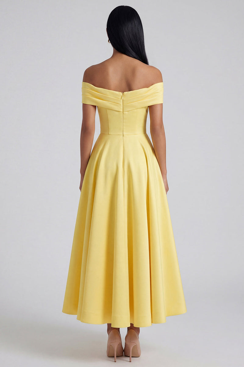 Load image into Gallery viewer, Off the Shoulder Butter Yellow A Line Ruched Maxi Beach Formal Dress