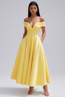 Load image into Gallery viewer, Off the Shoulder Butter Yellow A Line Ruched Maxi Beach Formal Dress
