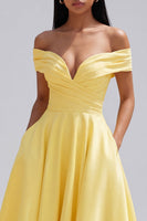 Load image into Gallery viewer, Off the Shoulder Butter Yellow A Line Ruched Maxi Beach Formal Dress