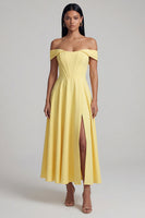 Load image into Gallery viewer, Butter Yellow Corset Maxi A Line Beach Formal Dress with Slit