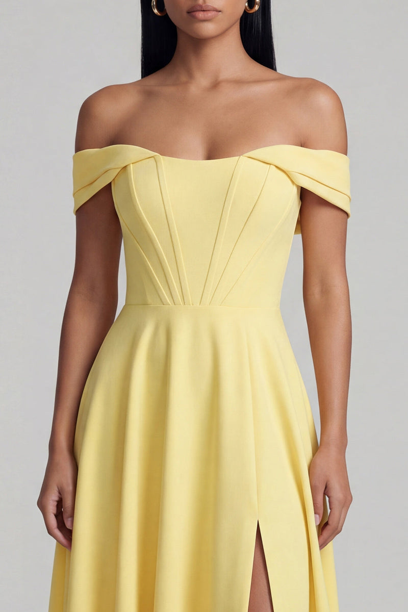 Load image into Gallery viewer, Butter Yellow Corset Maxi A Line Beach Formal Dress with Slit