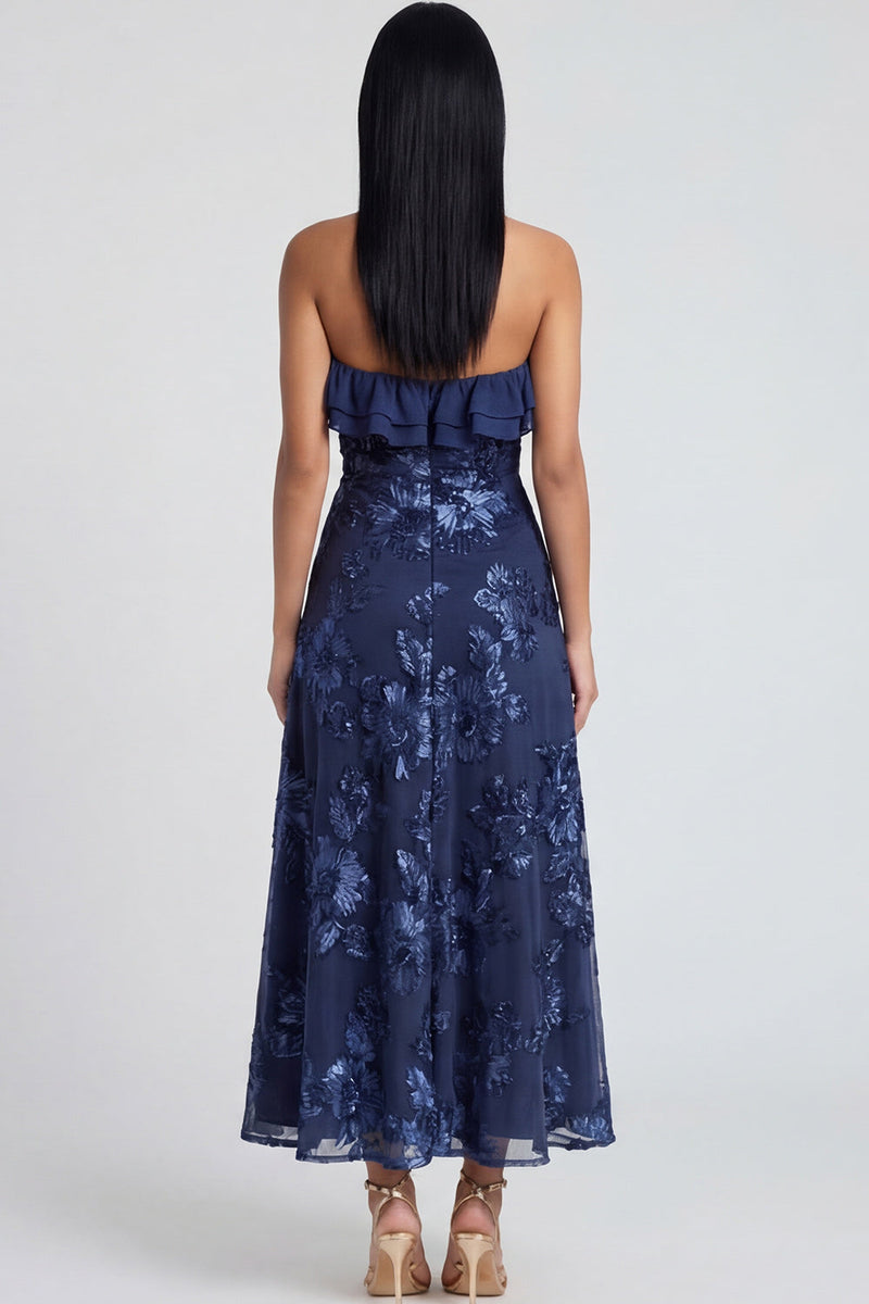 Load image into Gallery viewer, Floral Light Blue A Line Strapless Maxi Beach Formal Dress with Ruffles