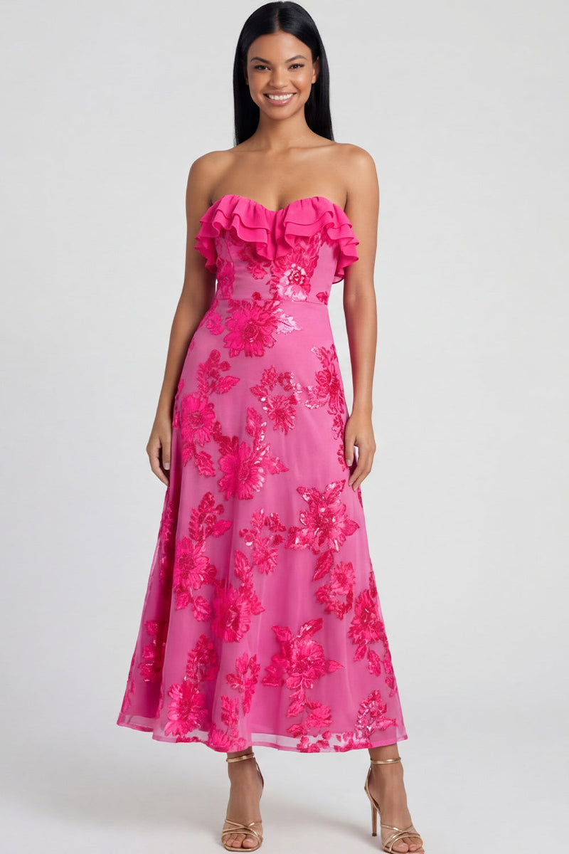 Load image into Gallery viewer, Floral Light Blue A Line Strapless Maxi Beach Formal Dress with Ruffles