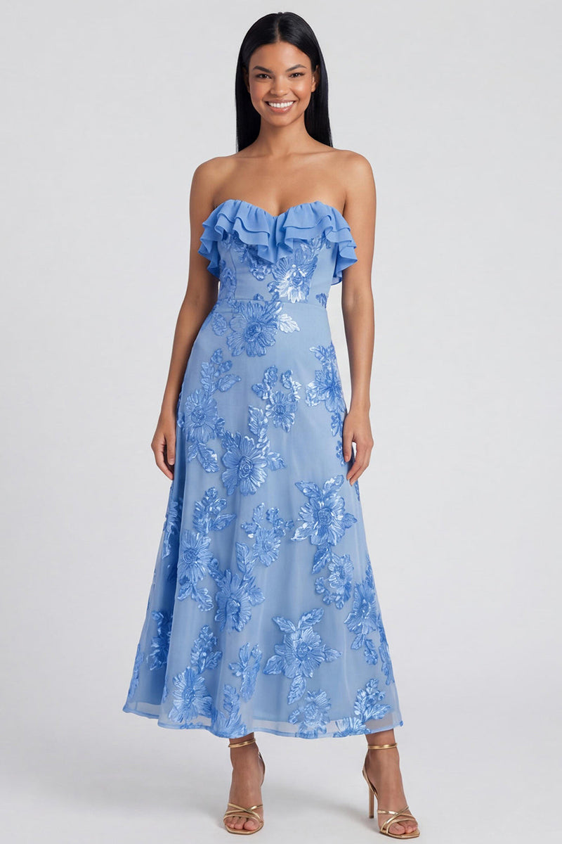 Load image into Gallery viewer, Floral Light Blue A Line Strapless Maxi Beach Formal Dress with Ruffles