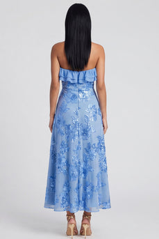 Floral Light Blue A Line Strapless Maxi Beach Formal Dress with Ruffles