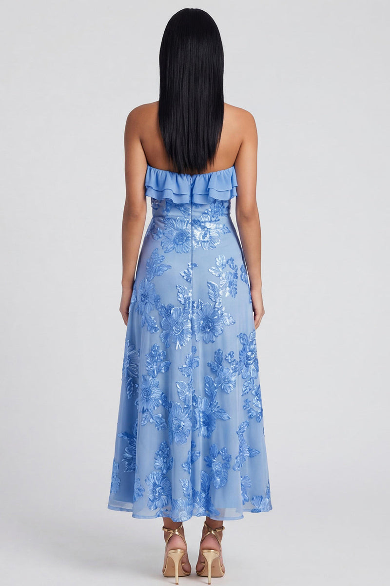 Load image into Gallery viewer, Floral Light Blue A Line Strapless Maxi Beach Formal Dress with Ruffles