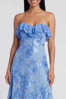 Load image into Gallery viewer, Floral Light Blue A Line Strapless Maxi Beach Formal Dress with Ruffles