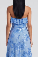 Load image into Gallery viewer, Floral Light Blue A Line Strapless Maxi Beach Formal Dress with Ruffles