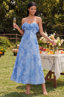 Load image into Gallery viewer, Floral Light Blue A Line Strapless Maxi Beach Formal Dress with Ruffles