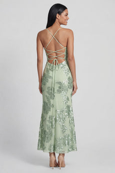 Mermaid Sage Green Floral Maxi Spaghetti Straps Beach Formal Dress