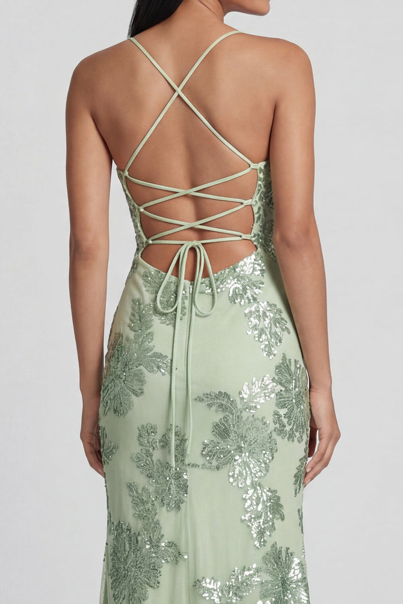 Load image into Gallery viewer, Mermaid Sage Green Floral Maxi Spaghetti Straps Beach Formal Dress