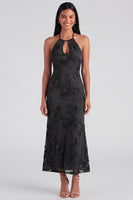 Load image into Gallery viewer, Mermaid Blue Floral Maxi Keyhole Halter Beach Formal Dress
