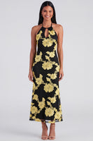 Load image into Gallery viewer, Mermaid Blue Floral Maxi Keyhole Halter Beach Formal Dress