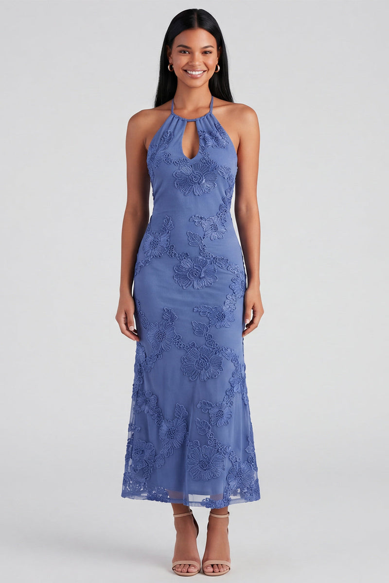 Load image into Gallery viewer, Mermaid Blue Floral Maxi Keyhole Halter Beach Formal Dress