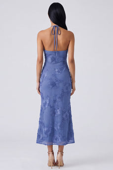 Mermaid Blue Floral Maxi Keyhole Halter Beach Formal Dress