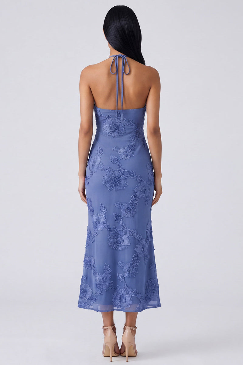 Load image into Gallery viewer, Mermaid Blue Floral Maxi Keyhole Halter Beach Formal Dress