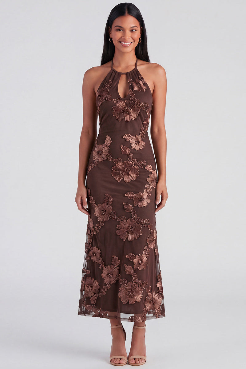 Load image into Gallery viewer, Mermaid Blue Floral Maxi Keyhole Halter Beach Formal Dress