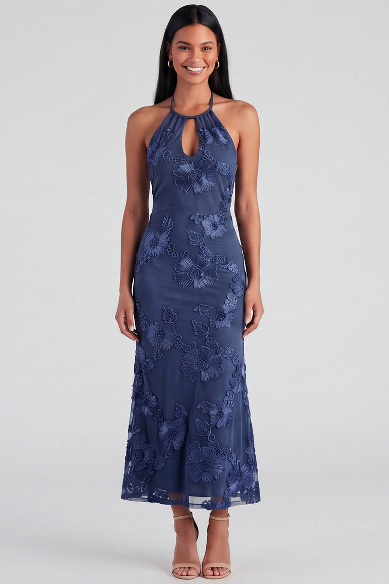 Load image into Gallery viewer, Mermaid Blue Floral Maxi Keyhole Halter Beach Formal Dress