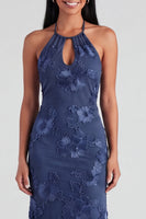 Load image into Gallery viewer, Mermaid Blue Floral Maxi Keyhole Halter Beach Formal Dress