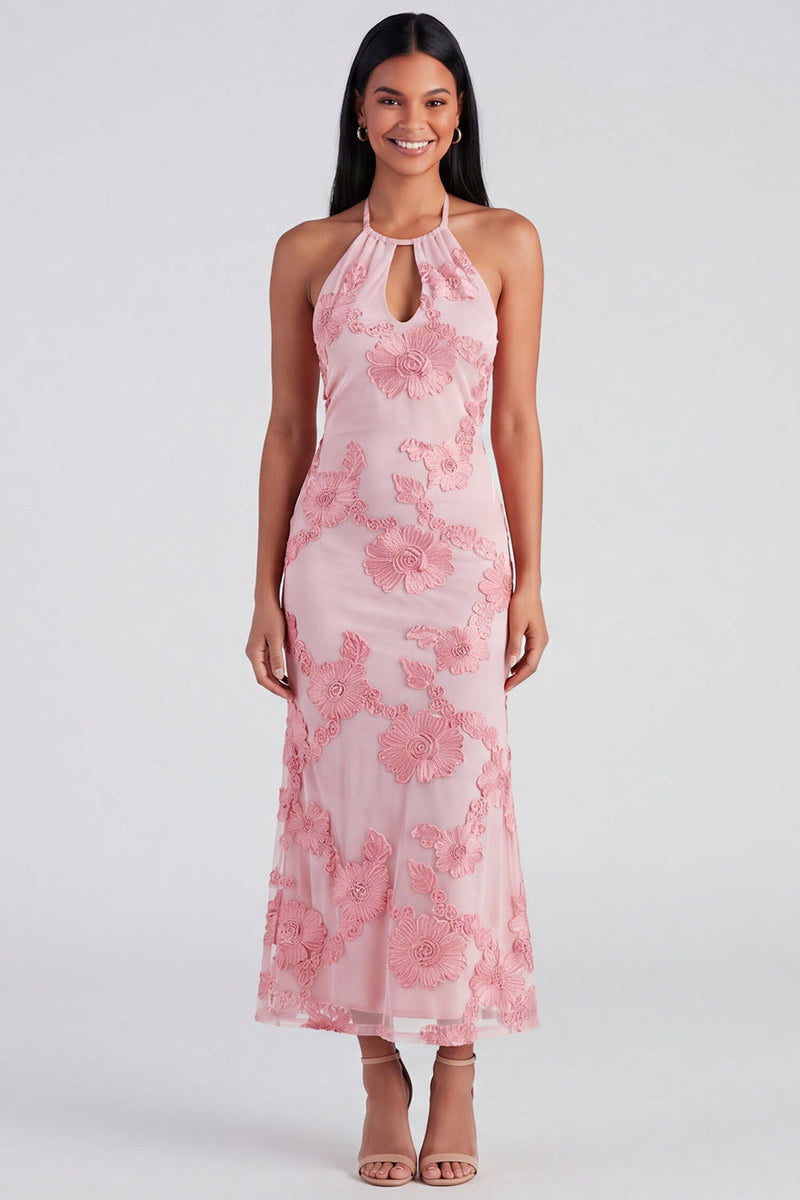 Load image into Gallery viewer, Mermaid Blue Floral Maxi Keyhole Halter Beach Formal Dress