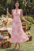 Load image into Gallery viewer, Mermaid Blue Floral Maxi Keyhole Halter Beach Formal Dress