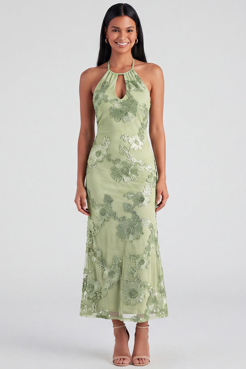 Load image into Gallery viewer, Mermaid Blue Floral Maxi Keyhole Halter Beach Formal Dress