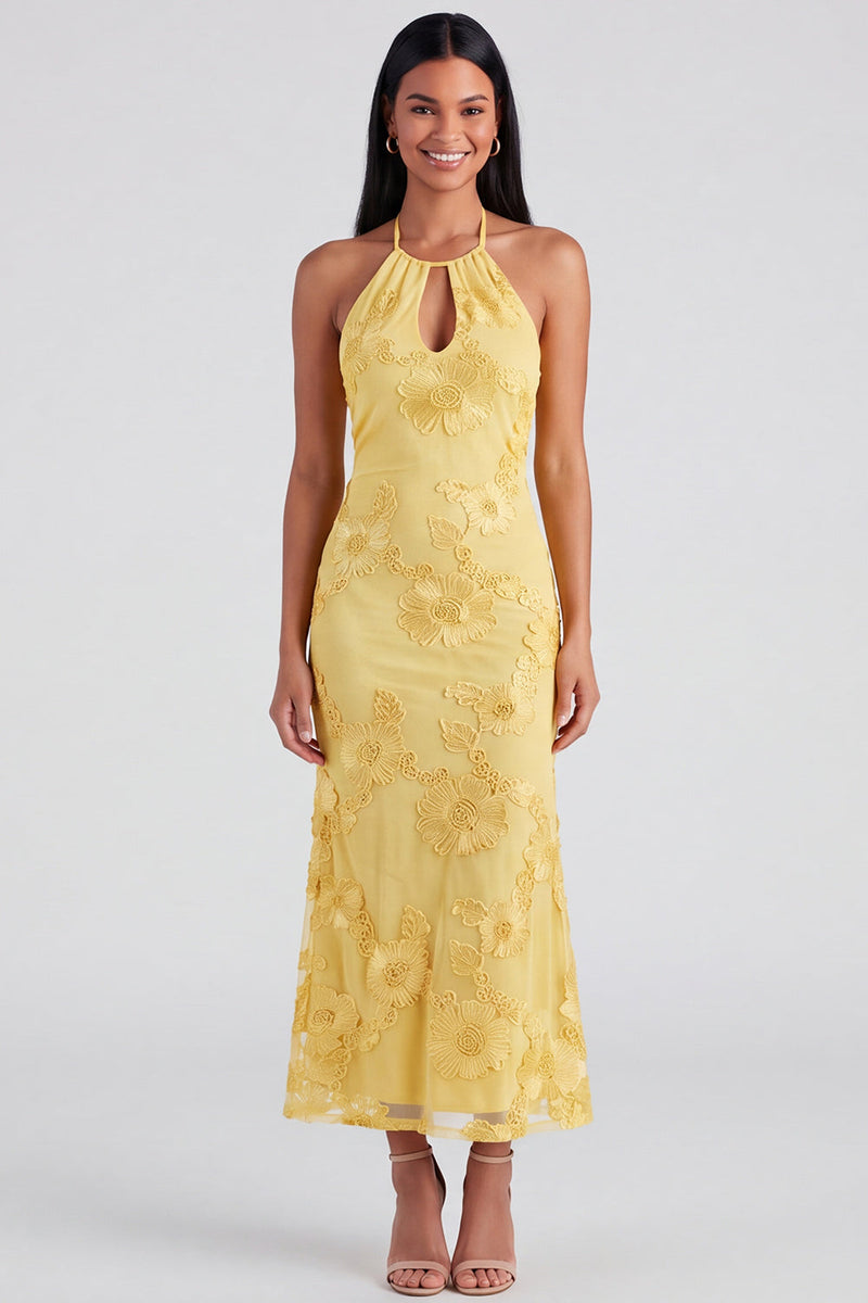 Load image into Gallery viewer, Mermaid Blue Floral Maxi Keyhole Halter Beach Formal Dress