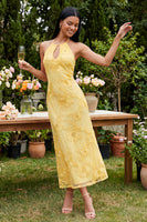 Load image into Gallery viewer, Mermaid Blue Floral Maxi Keyhole Halter Beach Formal Dress