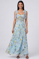 Load image into Gallery viewer, Blue Flower Maxi A Line Corset Beach Formal Dress with Bows