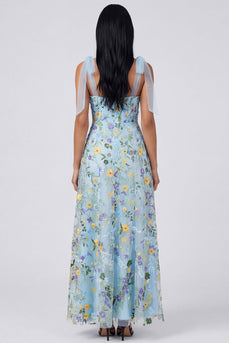 Blue Flower Maxi A Line Corset Beach Formal Dress with Bows