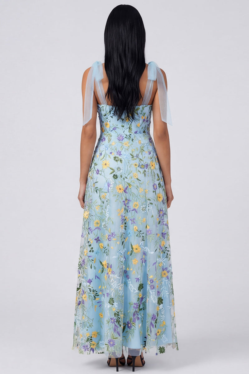 Load image into Gallery viewer, Blue Flower Maxi A Line Corset Beach Formal Dress with Bows