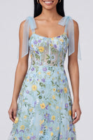 Load image into Gallery viewer, Blue Flower Maxi A Line Corset Beach Formal Dress with Bows