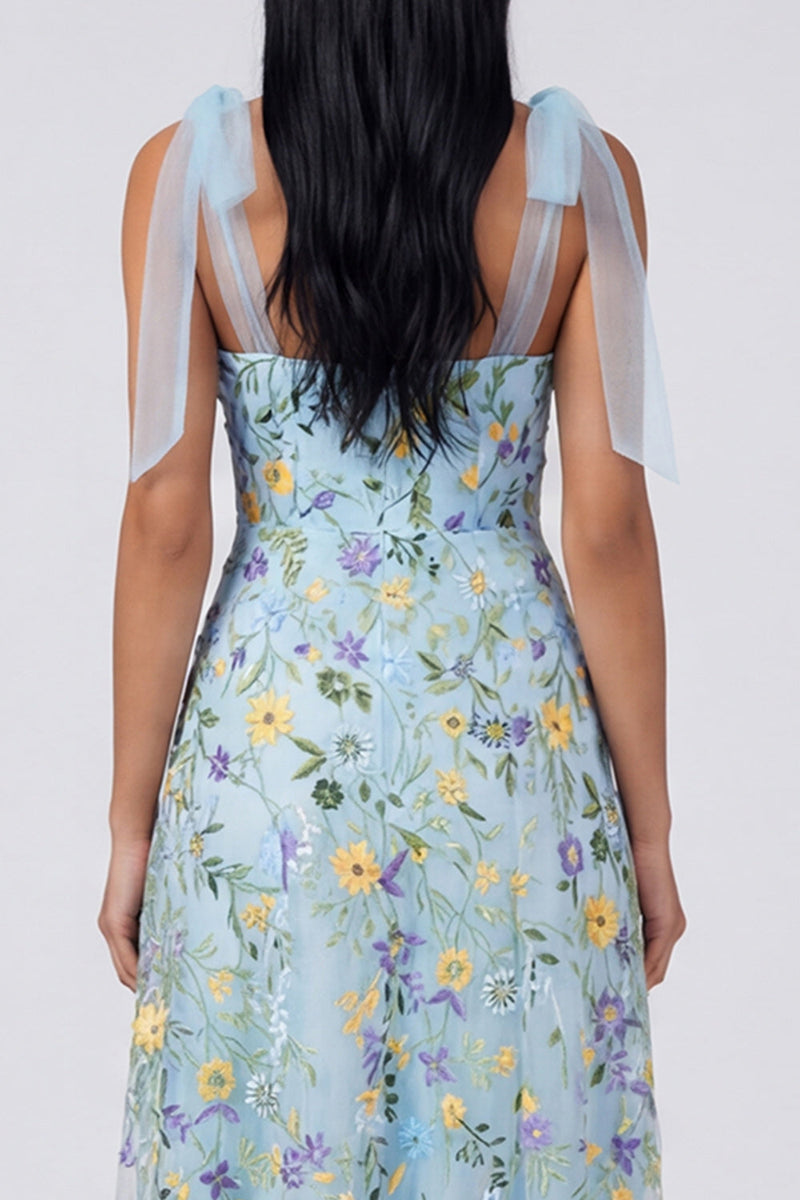 Load image into Gallery viewer, Blue Flower Maxi A Line Corset Beach Formal Dress with Bows