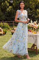 Load image into Gallery viewer, Blue Flower Maxi A Line Corset Beach Formal Dress with Bows